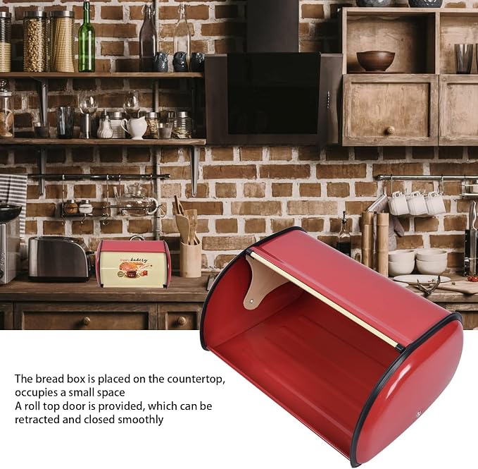 Metal Bread Box for Kitchen Countertop, Large Capacity Bread Bin Holder Container Roll Top Lid Bread Storage for Dry Food Save Powder Coated Iron Bread Box for Home Bakery Coffee Shop (Red) - Image 3