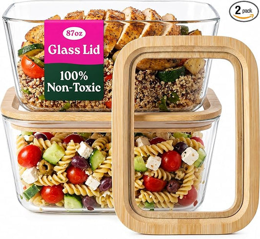 Large Glass Food Storage Containers with Glass Lids & Bamboo Rim – 87 Oz 2 Pack Plastic Free Glass Meal Prep Containers for Lunch, Eco Friendly Airtight Food Storage, Microwave & Oven Safe by Unknown