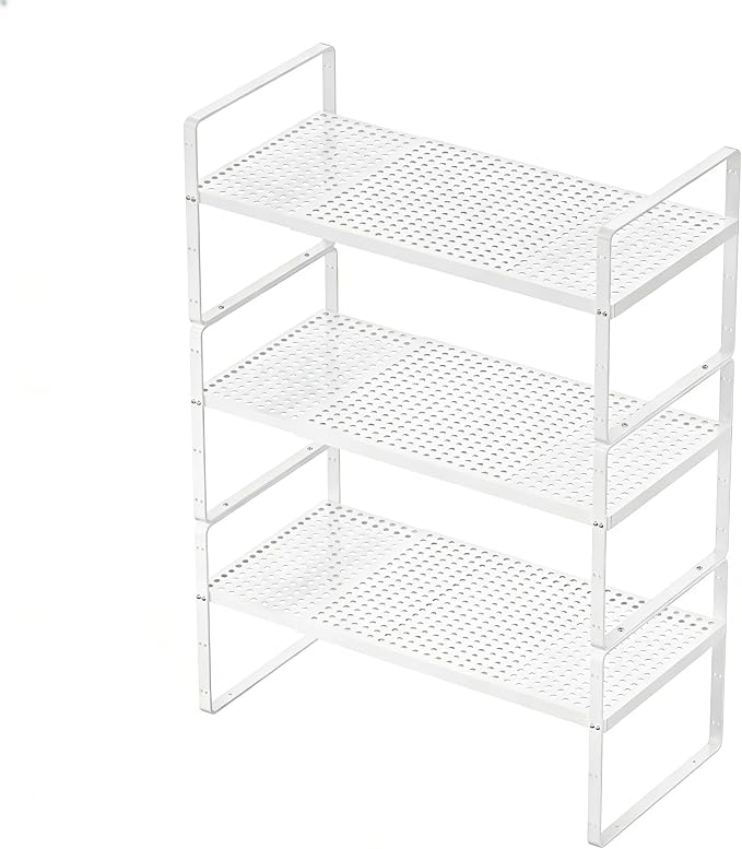 Expandable Kitchen Shelf Organizers, Kitchen Cabinet Organizer Stand Rack Organization for Countertop Cupborad Pantry, White 3 Pack by KIKIBRO