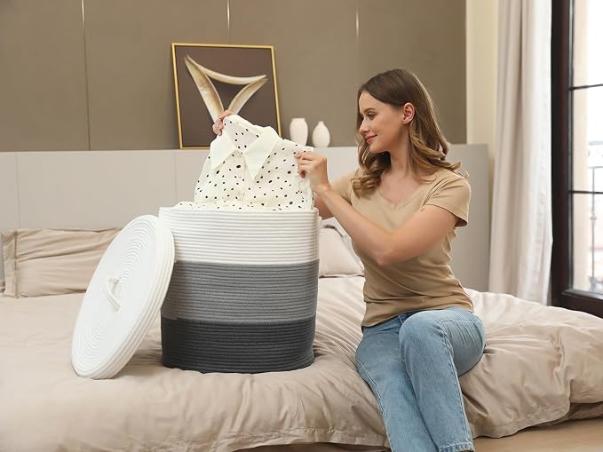 16x18 Inch Extra Large Round Cotton Rope Storage Basket with Lid, Decorative Woven Bin with Cover for Living Room Bedroom Closet, Grey & Dark Grey - Image 9