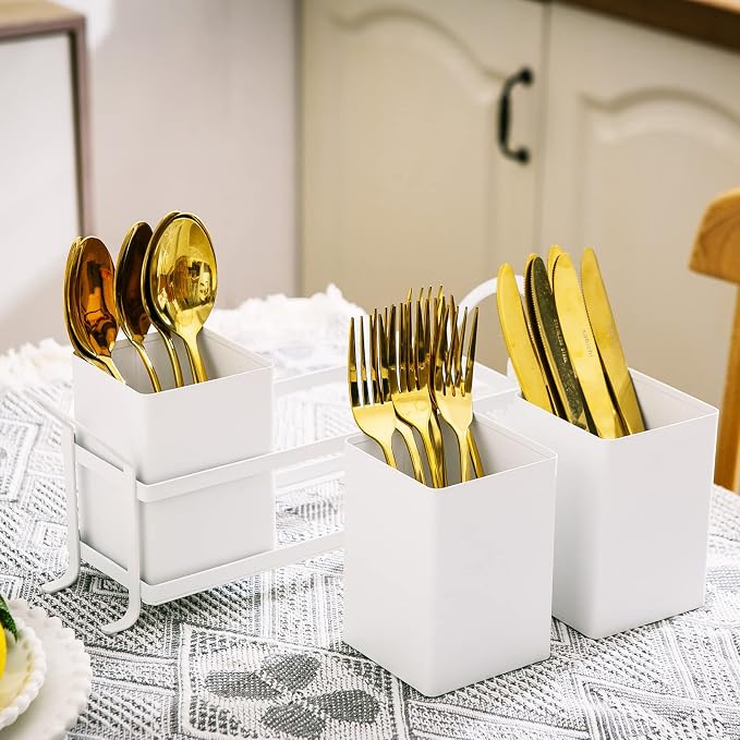 NelyBet White Metal Utensil Caddy, 3 Compartments, Portable Design, Perfect for Countertop, Outdoor, and Camping - Image 4