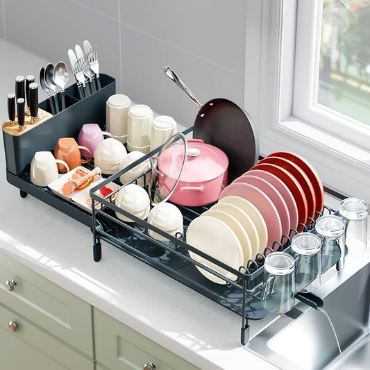 Urackify Extendable Dish Rack, 18.5"-26.7" L x 12.7" W, Dark Slate Gray | Multifunctional large dish rack with cup holder and built-in cutlery holder for versatile drying needs by Urackify