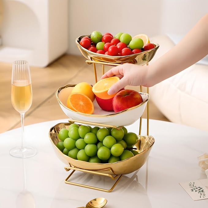 Gold Silver Fruit Bowl with Metal Stand, 3 Tier Ceramic White Fruit Bowl Fruit Rack for Kitchen Counter, Tiered Fruit Basket for Snacks Bread Candy Storage (Gold (Smooth Surface)) - Image 6