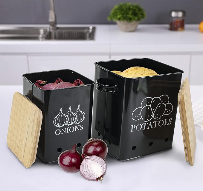 Kitchen Vegetable Storage Tins Set of 2, Onion and Potato Storage Bins with Wooden Lid and Aerating Holes, Garlic Bin Caddy, Vintage Kitchen Decor, Black - Image 7