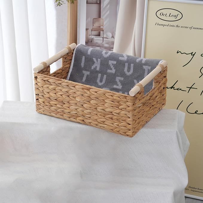 Woven Storage Basket, Small Wicker Organizer, 11.6x8.1x4.9 | 11.6x8.1x4.9" small natural woven basket with handles; compact wicker organizer for shelves, pantry, bathroom and gifting. - Image 5
