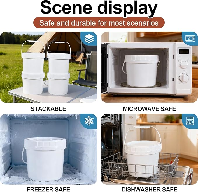4 Pack 1 Gallon Plastic Buckets with Screw Lids & Handle, Food Grade Storage Containers for Kitchen, Freezer - Reusable White Plastic Bucket Set - Image 4
