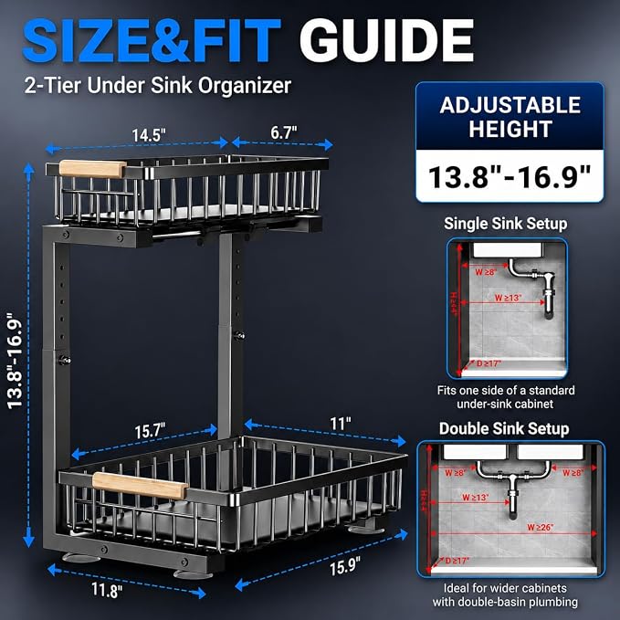 Under Sink Organizer 2 Pack, Double Slide Out Metal Shelf, Black | Pull Out Kitchen Storage Cabinet Organizer, 2-Tier Under Sink Storage Rack for Bathroom Laundry Kitchen Storage with Drawer - Image 2