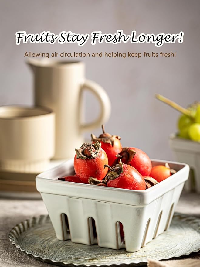 Gomakren Fruit Basket for Kitchen, Berry Washing Bowl, Ceramic Berry Basket Set of 2, Fruit Bowl with Holes, 5.7 Inch Square Berry Containers Colander - Farmhouse Kitchen Decor, White - Image 5