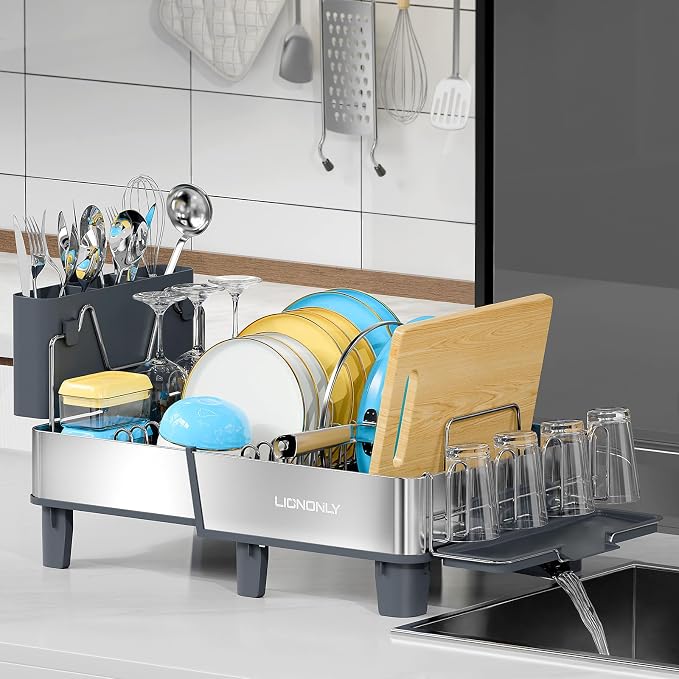 Dish Drying Rack, 304 Stainless Steel Expandable Dish Rack with Adjustable Drain Spout, Large Capacity Dish Drainer with Utensil Holder, Cup Holder and Cutting Board Rack for Kitchen Counter, Gray by StartYourHomeStorageLife