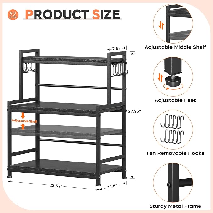 23.6"W Large Kitchen Countertop Organizer, 3 Tier Spice Rack Organizer with Adjustable Shelf and 10 Hooks, Wooden Counter Organizer, Countertop Shelf Microwave Stand for Kitchen, Coffee Bar, Black - Image 2
