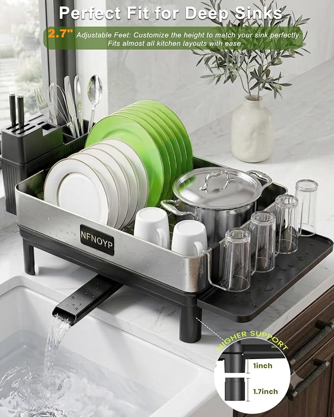Dish Drying Rack, 304 Stainless Steel Dish Rack and Drainboard Set, Rustproof Dish Drainer with Anti-Pooling Automatic Drainage, Large Capacity Kitchen Counter Organizer, Black - Image 6