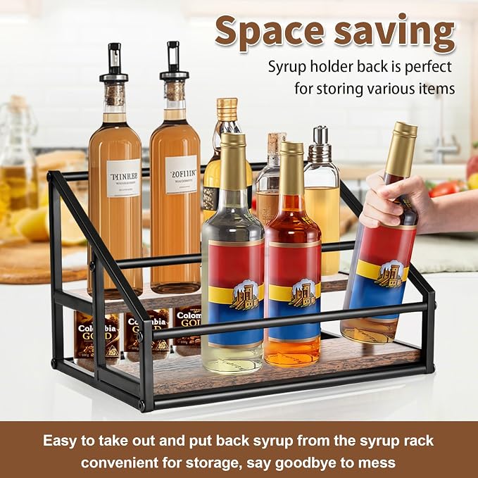 YQBRAO 2-Tier Coffee Syrup Organizer, 8-Bottle Rack, Rustic Brown | Holds up to 8 bottles in two raised rows for coffee bars, kitchens, counters, and beverage stations. - Image 8