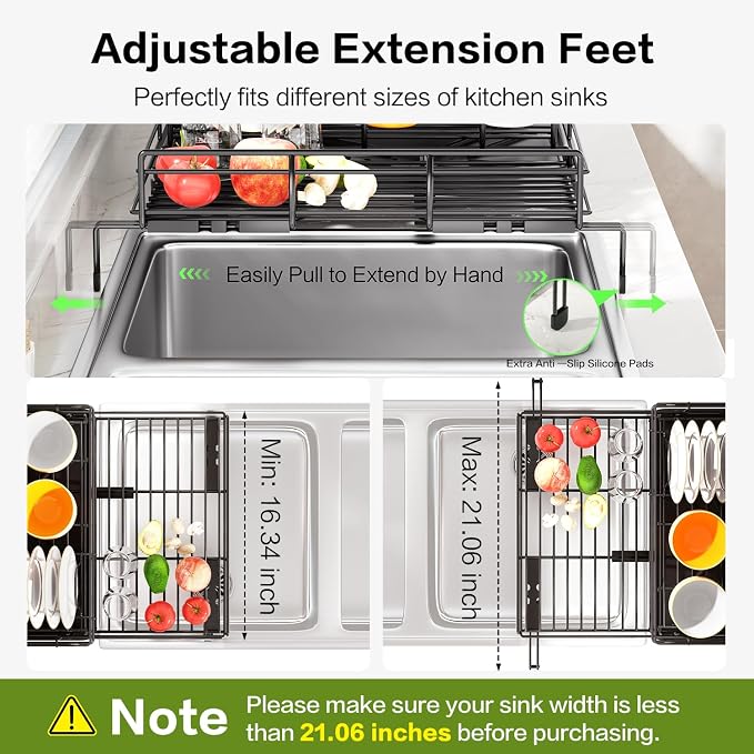 Expandable Over Sink Dish Drying Rack (12.6"-20.5"), Rustproof Metal Dish Drainer with Auto-Draining Tray & Utensil Holder, Large Capacity Sink Organizer for Kitchen Counter, Fits Most Sinks - Black - Image 6