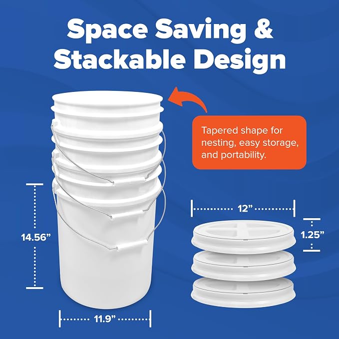 5 Gallon Bucket - Food Grade w/Lid BPA-Free, White/White, 60 | Airtight Gamma Seal Screw-On Lid, Heavy-Duty 90 Mil HDPE Plastic, Food Safe and Durable Container, Bulk Storage, Made in USA - Image 2