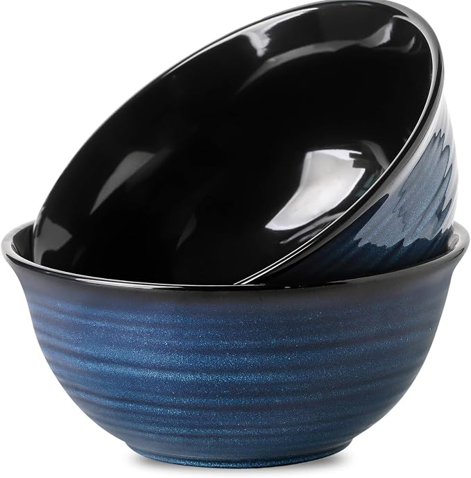HASENSE Large Serving Bowls, 9 Inch Ceramic Salad Bowls, 84 oz Serving Dishes for Entertaining, Deep Bowl Set Perfect for Soup Pasta Pho Popcorn Fruit, Dishwasher Microwave Safe, Set of 2, Navy Blue by Hasense