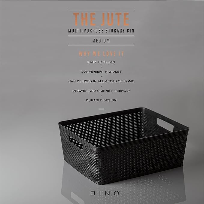 BINO | Woven Plastic Basket | Medium (Black), 4-Pack | THE JUTE COLLECTION | Home Organization, Space - Saving Storage, Stylish Design | Jute Basket | Plastic Storage Basket - Image 2