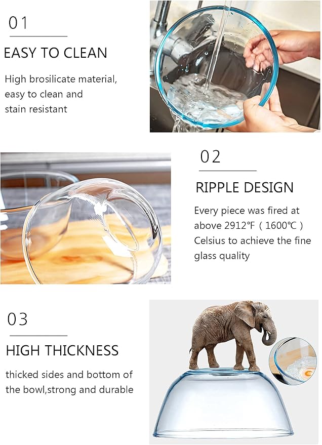 Homwin Glass Mixing Bowl Set for Baking 3-Piece Salad Bowl Set (1qt, 2.5qt, 4.2qt), High Brosilicate Large Bowls for Kitchen Prepping Serving and Storage, Microwave Dishwasher Oven Safe - Image 7