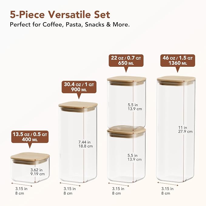 Square Glass Pasta Storage Containers, Set of 5, Pantry Organization & Storage Jars with Bamboo Lids, Stackable Borosilicate Kitchen Canisters for spaghetti, Sugar, Coffee, and Cereal - Image 4
