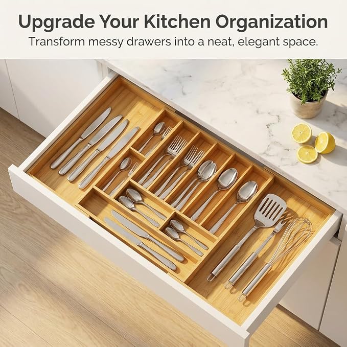 18.5"-33" Expandable Bamboo Silverware Utensil Drawer Organizer | 11-13 Deep Slots with Adjustable Dividers, Solid Bamboo Construction, Non-Slip Design - Image 5