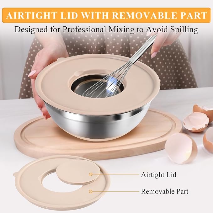 Mixing Bowls with Airtight Lids Set, 20 PCS Kitchen Gadgets Set, 6 Stainless Steel Bowls,3 Grater Attachments,Non-Slip Silicone Bottoms,Great for Serving&Baking,Size 5, 4, 3.5, 2.1, 1.5, 1.1QT (Khaki) - Image 4