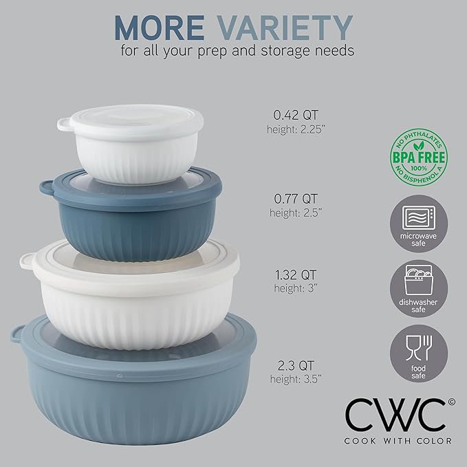 COOK WITH COLOR Prep Bowls with Lids- Wide and Deep Nesting Plastic Small Mixing Bowl Set with Lids, 8 Piece Set - Wide Bowls, Blue/Grey - Image 4