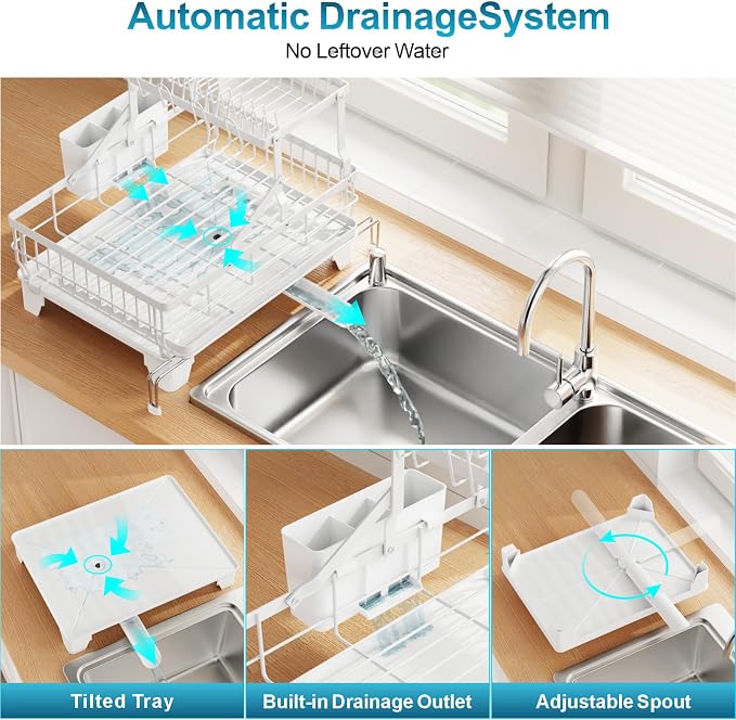 Large Expandable 2 Tier Dish Drying Rack - Over Sink & Counter Use | Extendable Drying Space, Auto-Drain Spout, Stable Screw-Fixed Frame, Cup & Utensil Holder, Rust-Resistant Kitchen Rack, White - Image 4