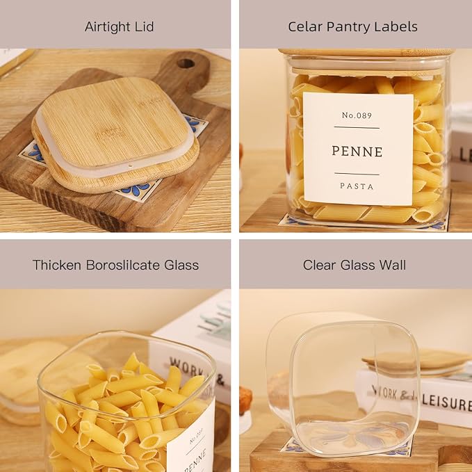 6 Pack Square Glass Pantry Storage Containers with 132 Kitchen Food Pantry Labels - 24 floz Clear Glass Pantry Jars with Airtight Wood Bamboo Lids - Glass Canisters for Sugar, Cereal, Coffee, Spice - Image 4