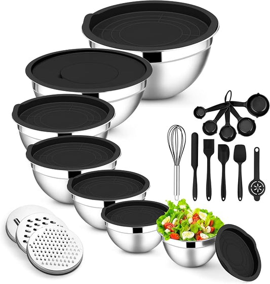 E-far Mixing Bowls with Lids Set, 21PCS Stainless Steel Salad Mixing Bowls with 3 Grater Attachments, Size 7, 4.6, 3.5, 2.6, 2, 1.5, 1QT, Nesting Design & Black Airtight Lid, For Baking/Prepping by E-far