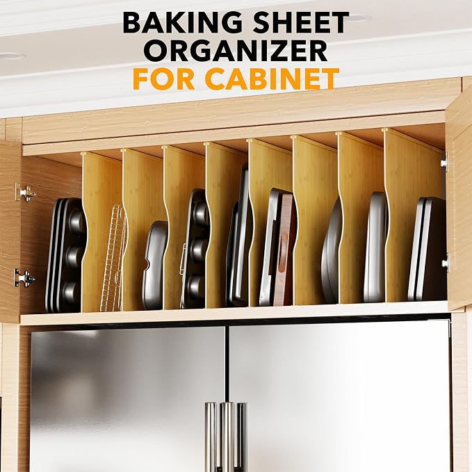 SpaceAid 8 Pack Tray Dividers for Cabinets, Bamboo Kitchen Cookie Baking Sheet Organizer for Cabinet, Vertical Pan and Trays Organizers for Pantry Storage - Image 6