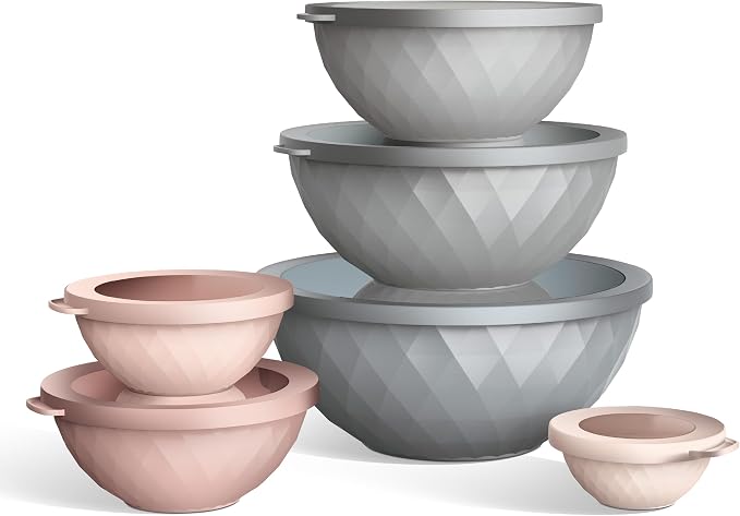 COOK WITH COLOR Mixing Bowls with Lids - 12 Piece Plastic Nesting Bowls Set includes 6 Prep Bowls and 6 Lids, Microwave Safe Mixing Bowl Set, Grey/Pink Diamond - Image 4