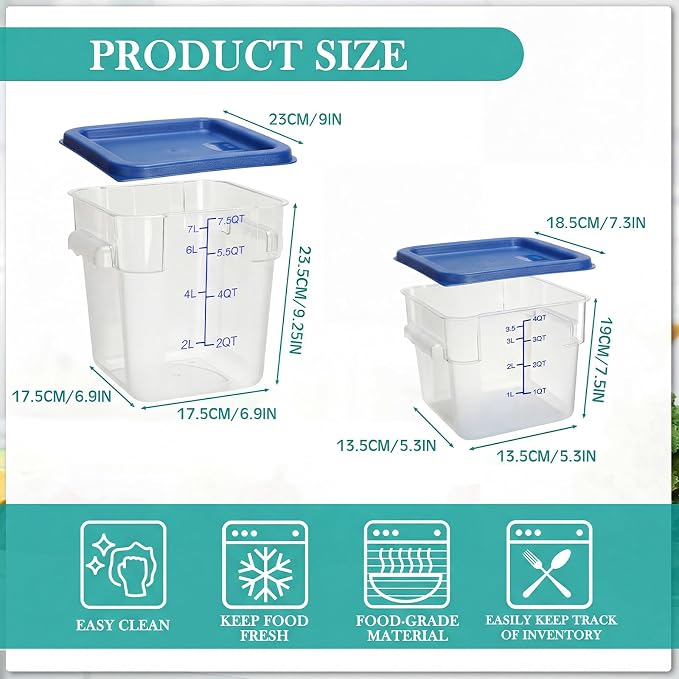 Lallisa 4 Pcs 8qt & 4qt Clear Food Storage Containers with Lids Handles and Scales, Stackable Plastic Square Food Storage Containers for Dough Proofing Baking Kitchen Restaurant(Blue) - Image 2