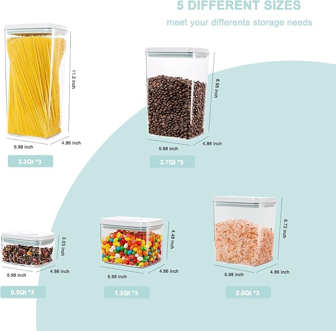 Pop Containers with Lids Stackable Food Storage Containers 15pc | Airtight Kitchen Pantry Storage Containers for Snacks Candy Salt Herbs Spices BPA-Free (0.5 + 1.2 + 2.0 + 2.7 + 3.3 Qt) * 3 - Image 2