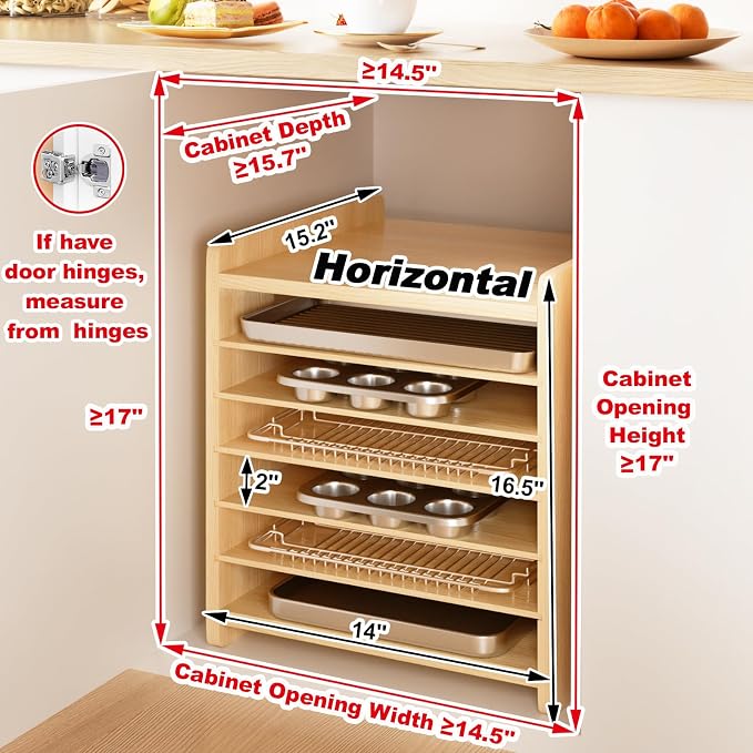 7 Tier Wooden Tray Dividers for Cabinets Cookie Sheet Organizer for Pot, Pans, Baking Tray Organizer for Kitchen Documents Storage(14" W x 16.5" H x 15.2" D) - Image 3