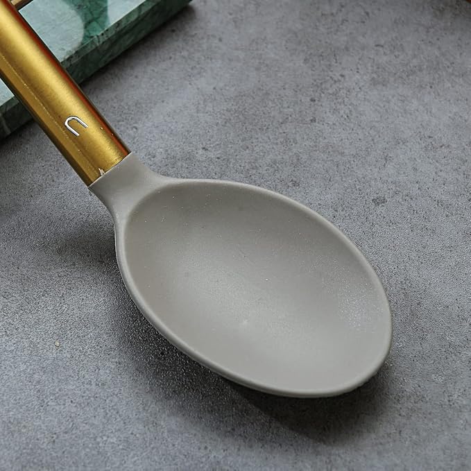 Berglander Non-stick Silicone Solid Serving Spoon, Titanium Gold Plating handle, Basting Spoon, Dishwasher Safe, Easy to Clean - Image 4