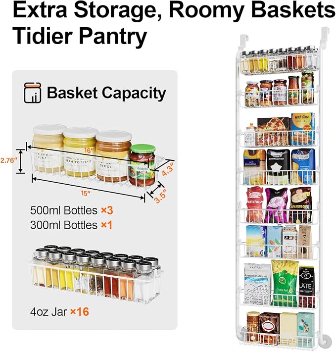 Delamu Over The Door Pantry Organizer, 8-Tier Metal Pantry Door Organization and Storage for Easy Install, Hanging Spice Rack Seasoning Shelves, Door Organizer for Kitchen, 4.65"D x 18"W x 65"H, White - Image 4
