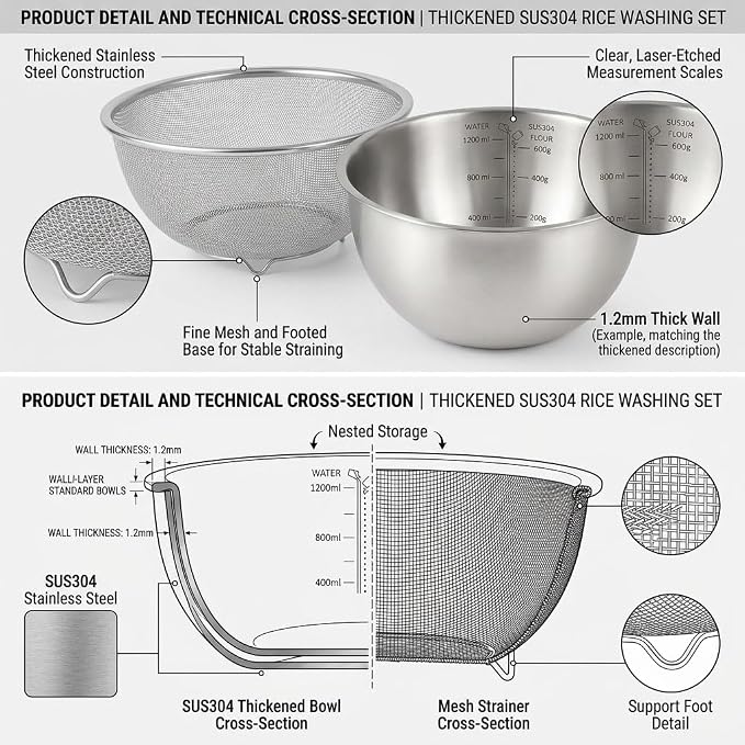 18/8 Stainless Steel Colander with Mixing Bowl, 1.5QT | 1 nesting mixing bowls with measurement marks and 1 fine 30-mesh strainers for rice,vegetables, pasta, baking, and food prep - Image 8