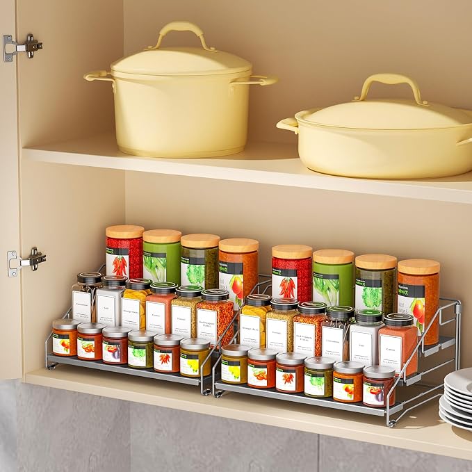 BOIVSHI Spice Rack for Cabinet, 4 Tier Spice Rack, Space-saving, Gray | Metal Spice Shelf Depth Adjustable, 2 Pack Spice Organizer for Cabinet, Countertop, Pantry, Tool-free and Screw-free Assembly - Image 6