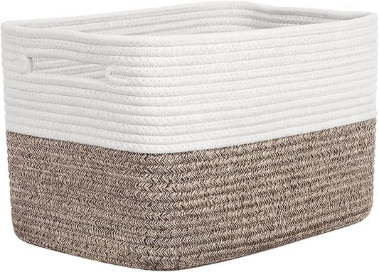Storage Baskets for Organizing, 14 x 10 x 9” Closet Shelf Woven Baskets, Square Bins with Handles, Cotton Rope Basket for Clothes, Office, Room, White+Dark brown 1 Pack by Unknown
