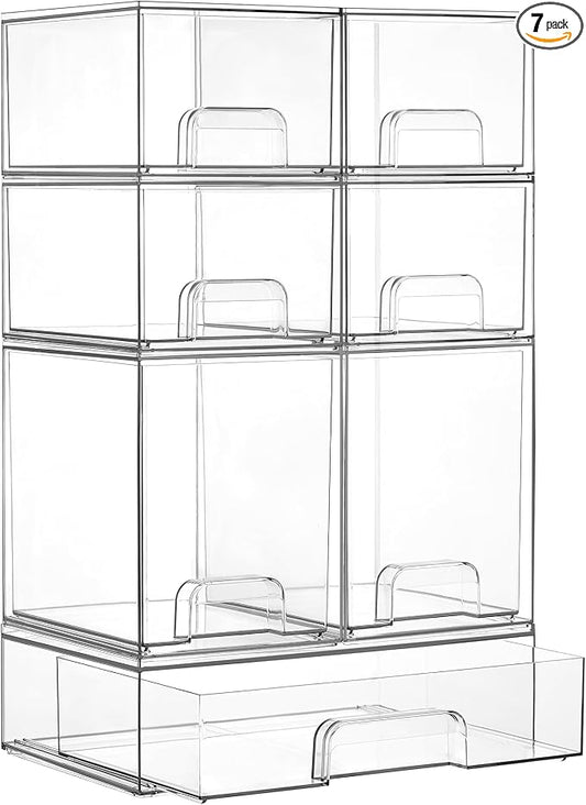 Vtopmart Stackable Storage Drawers Set of 7, Clear Plastic Organizer Bins for Baby Bottle, Beauty Supplies Storage, Ideal for Kichen Countertop, Vanity, Bathroom, Cabinet, Pantry Organization by Vtopmart