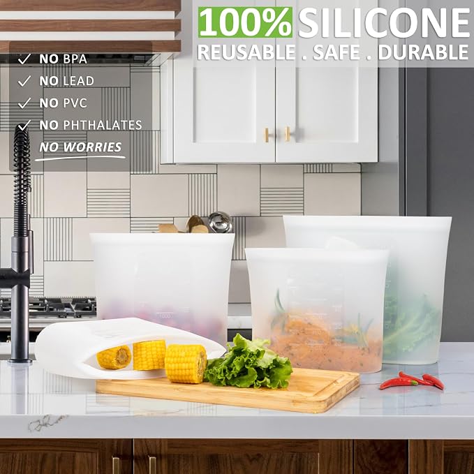 Reusable Storage Bags, Large-Size Set, 12 Pack 100% Silicone Food Storage Bags Stand Up Zip Lock Bags for Food, Freezer Microwave Oven Dishwasher Safe, 4 XL-0.8 Gallon + 4 L + 4 M, Translucent - Image 2