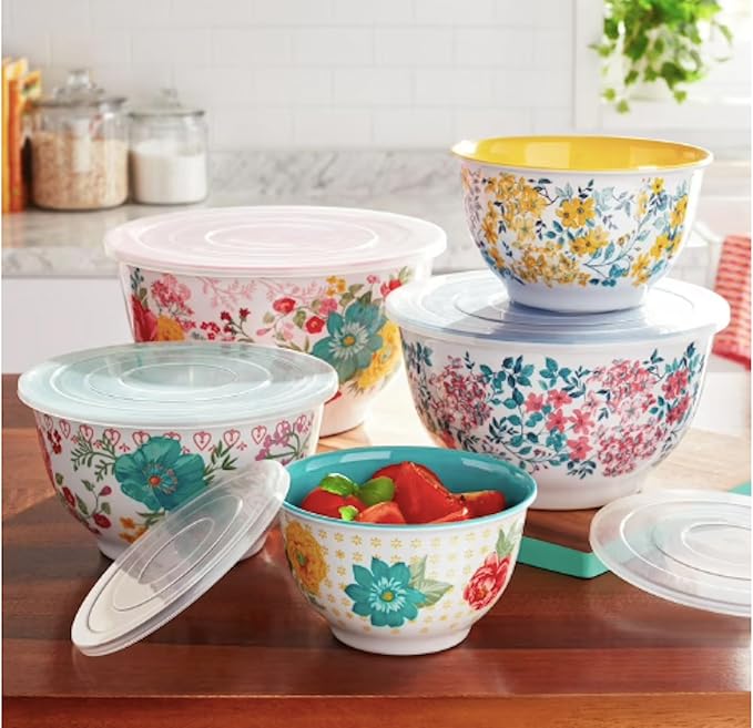 Floral Melamine Mixing Bowl Set, 10 Pieces with Lids Coordinates With Pioneer Woman Kitchen (Fancy Flourish) by Unknown