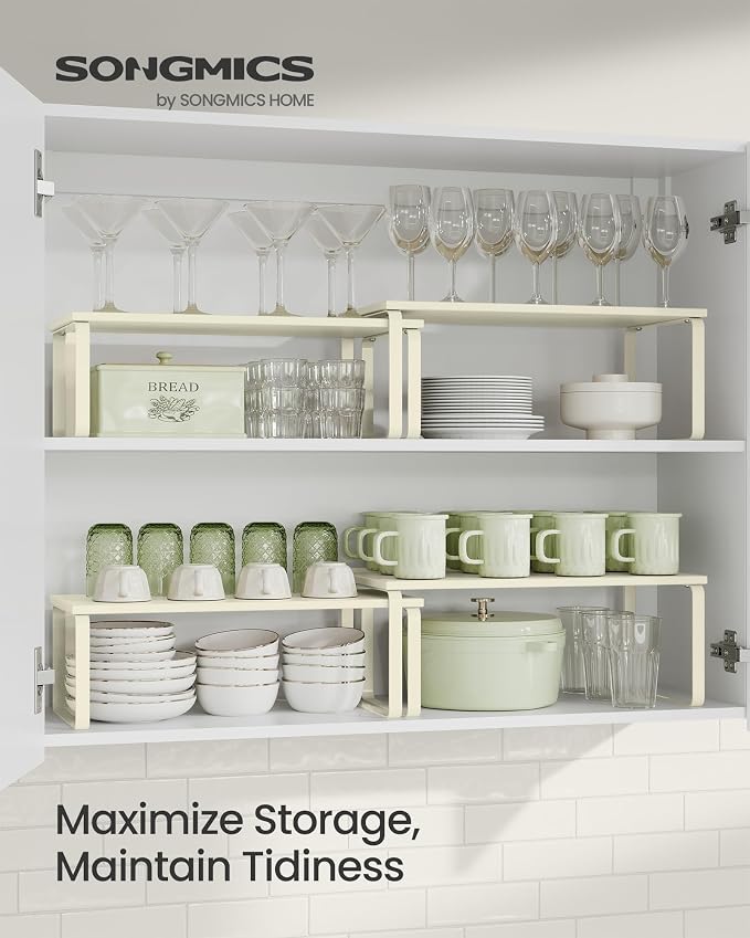 SONGMICS Cabinet Organizer Shelf, Set of 2 Kitchen Counter Shelves, Kitchen Storage, Spice Rack, Stackable, Expandable, Metal and Engineered Wood, 15.6 Inches, Cream White UKCS200W02 - Image 2