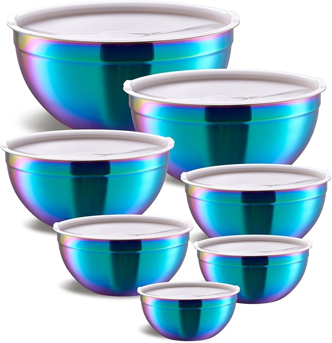 Colorful Mixing Bowls with Airtight Lids, Stainless Steel Nesting Mixing Bowls Set of 7, Ideal for Baking, Prepping and Serving Food, Size 7, 3.6, 2.7, 2.1, 1.5, 1.1,0.8 QT, Stackable Design by Moxinox
