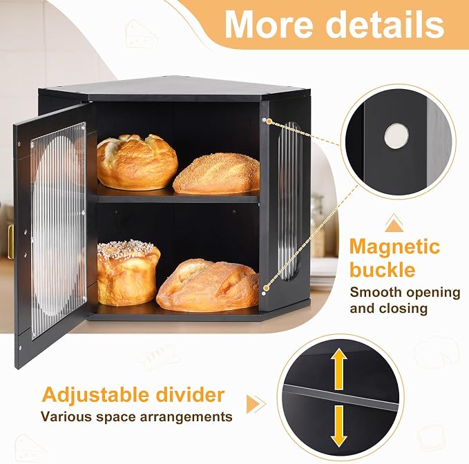 Sunhoo Bread Box for Kitchen Countertop Corner Bread Storage Wooden Breadbox Container 2 Layer Bread Holder Keeper Large Farmhouse Bread Bin Shelf for Homemade Pantry Vintage Acrylic Window(Black) - Image 2