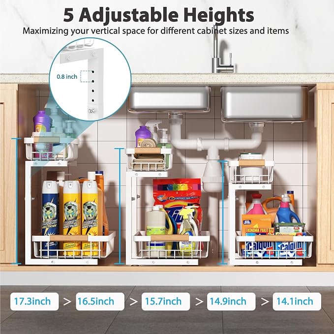 Liuoud Under Sink Organizer 2 Pack, 2 Tier Slide Out Large Capacity Height Adjustable Under Sink Organizers and Storage for Kitchen Bathroom Cabinet, White - Image 3