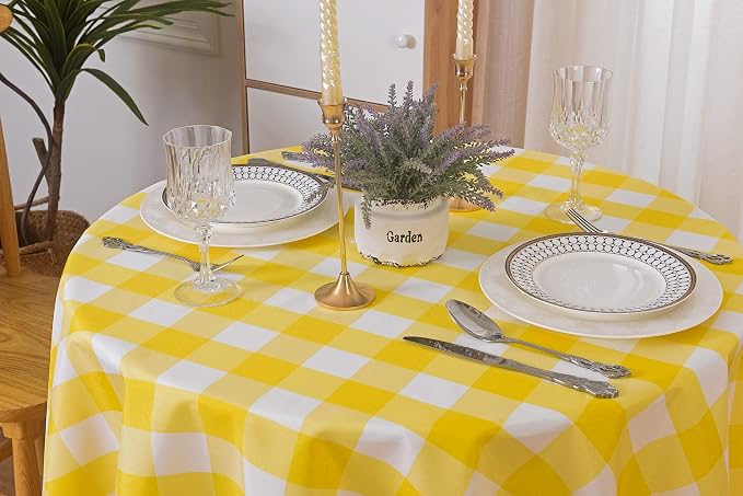 Cupuamon 2 Pack Waterproof Polyester Fabic Round Checkered Tablecloth，60 Outdoor Table Cloth，Oil Stain Prevention Table Cloth for Pinics and Parties（Yellow and White） - Image 8