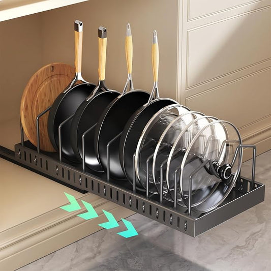 Pull Out Pots and Pans Organizer Under Cabinet, Expandable Sliding Lid Holder and Pan Rack for Kitchen, Slide Out inside Cabinet for Pot Lid, Bakeware, Dishes, 10 Adjustable Dividers, 1 Pack Black by Lozovincablemanagementtray