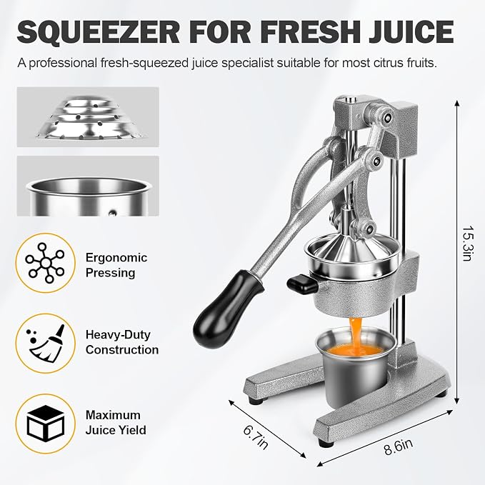 Manual Citrus Juicer Press, Heavy Duty Cast Iron Lemon Squeezer with Stainless Steel Cone, Commercial Hand Press Juicer for Orange, Lemon & Lime, Easy to Clean - Image 2