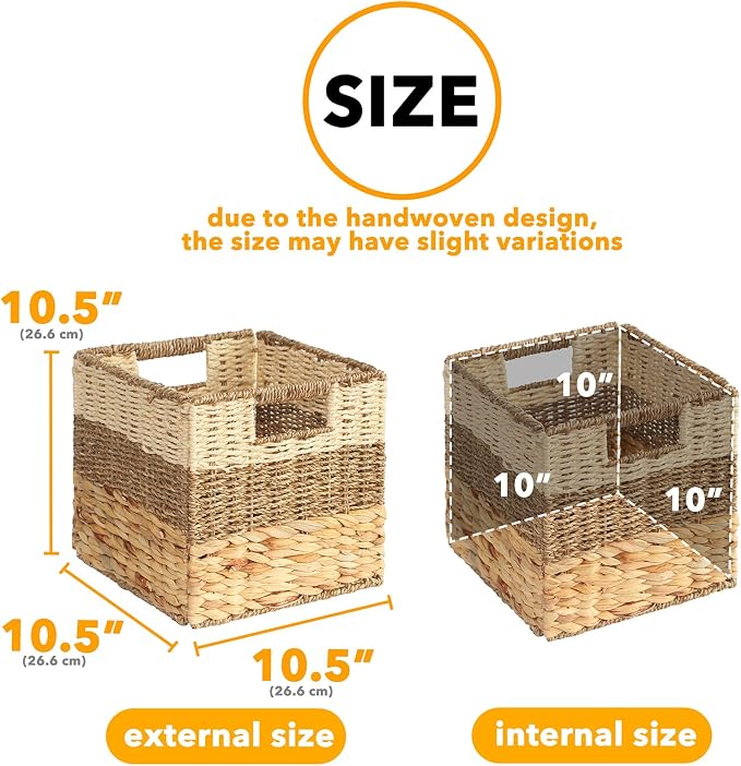 SpaceAid 4 Pack 3 Pattern Design Wicker Basket, Baskets for Organizing, Storage Rattan Basket with Handles for Shelves, Woven Cube Storage Bin Organizer, 10.5x10.5x10.5 inch, Natural - Image 3