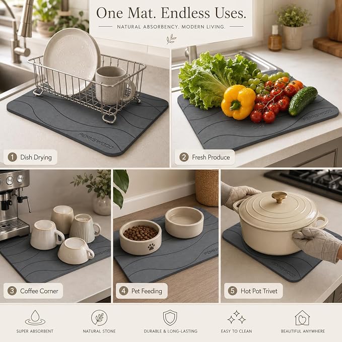 2 Pack Large Stone Dish Drying Mats for Kitchen Counter, （24" x 16" + 16" x 12"）, Diatomaceous Earth, Ultra Absorbent, Quick Dry, with Wooden Feet and Non-Slip Mesh Liners - Image 8